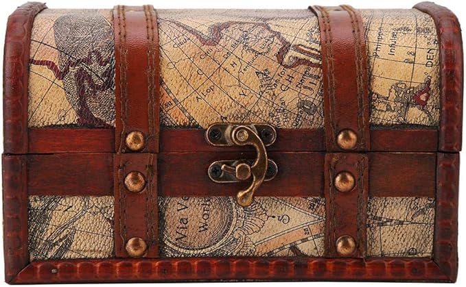 Hilitand Pirate Treasure Chest Vintage Handmade Decorative Wooden Box Trinket Jewelry Storage Case Home Decoration(Map)