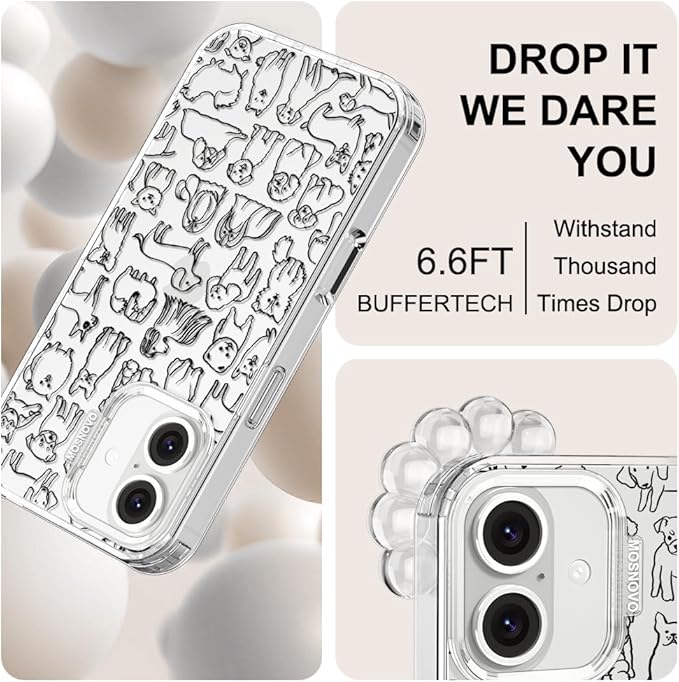 MOSNOVO Case for iPhone 16, [Buffertech 6.6ft Military-Grade Drop Protection] [Anti Peel Off Tech] Clear TPU Bumper Phone Case Cover Design - Doodle Dog