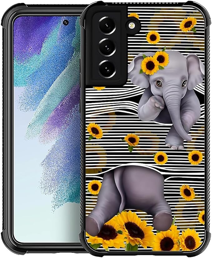 for Samsung Galaxy S21 Case, Cute Little Elephant Sunflower White Line Art Pattern Graphic Design Girl Boy Soft Silicone Hard Acrylic Shock Protection for Samsung Galaxy S21
