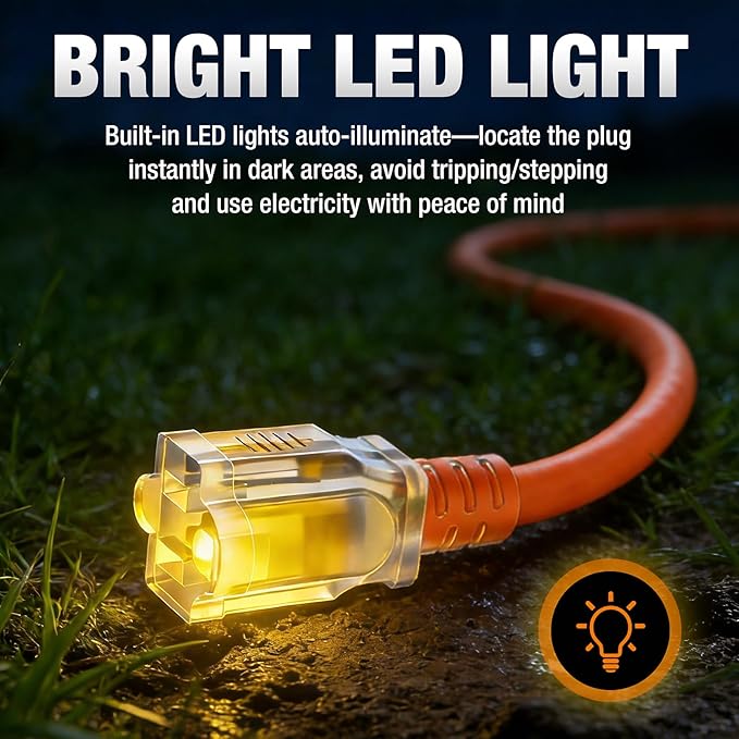 25 FT Outdoor Extension Cord Waterproof, 16/3 Gauge Heavy Duty 3 Prong Power Cord with Lighted Indicator End, 13A 125V 1625W SJTW, ETL Listed, Great for Lawn/Garden/Home(Orange)