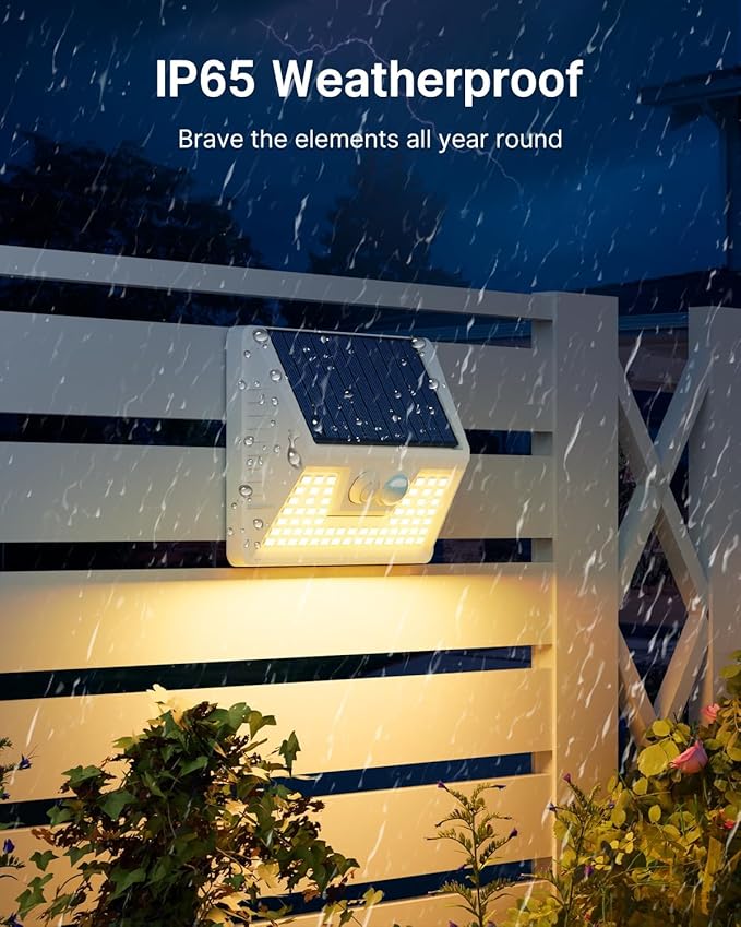 Vighep 4 Pack Solar Fence Lights Waterproof, Motion Sensor Deck, Warm White LED Outside Wireless for Wall, Yard, Garden - White