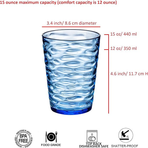 14-ounce Plastic Tumblers, Acrylic Drinking Glasses, set of 6 Blue Reusable Plastic Cups, Stackable, BPA-Free, Shatter-Proof, Dishwasher-Safe