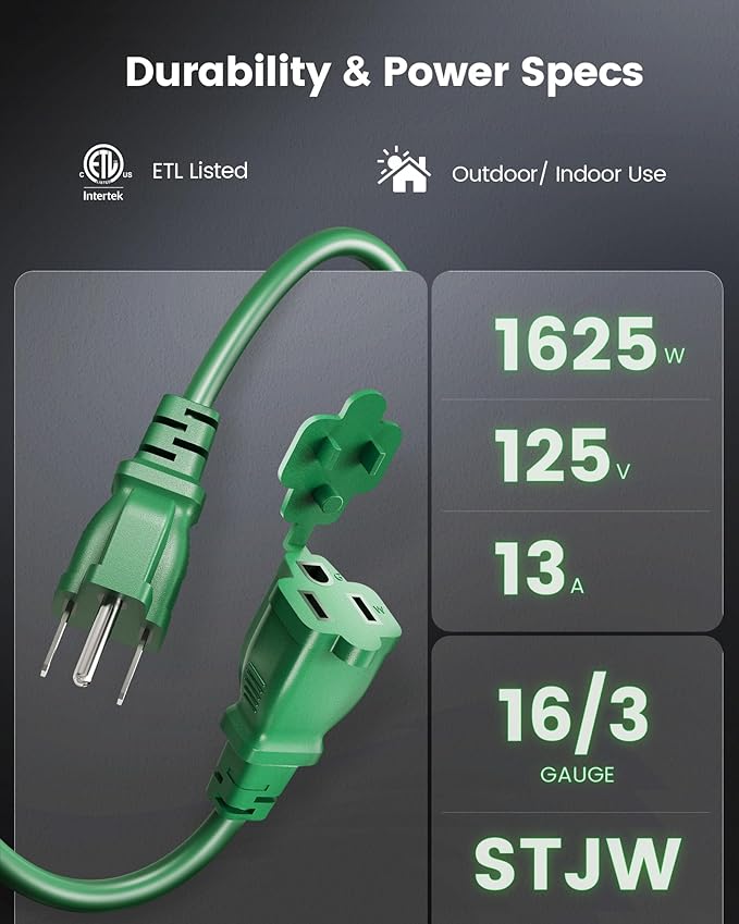 SURAIELEC 2 Pack 25 FT Outdoor Extension Cord with Multiple Outlets, 3 Outlet Multi Plug Cord, 16/3 Gauge SJTW, Weatherproof for Landscape, Christmas Tree Lights, Halloween, Holiday Decoration, Green