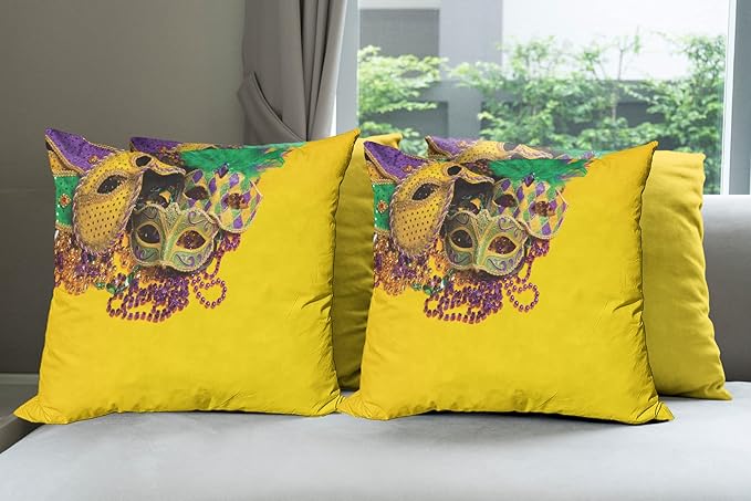Ambesonne Mardi Gras Decorative Throw Pillow Case Pack of 4, Colorful Group of Venetian Carnivals Accessories, Cushion Cover for Couch Living Room Car, 20", Purple Yellow