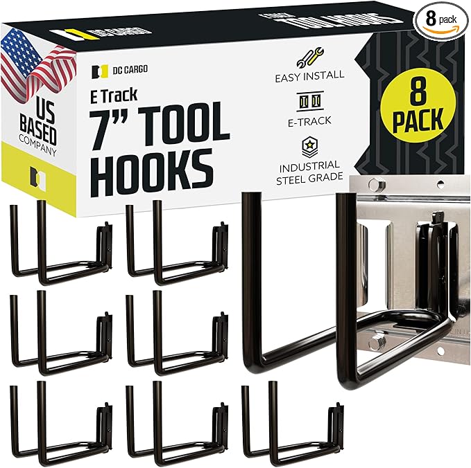 DC Cargo Mall Heavy Duty Hook Hanger E Track Accessories 7.5" Deep (8 Pack) - Garage Wall Mount, Box Truck, Enclosed Trailer, Storage ETrack System - Universal Garage Storage Organizer for Tools