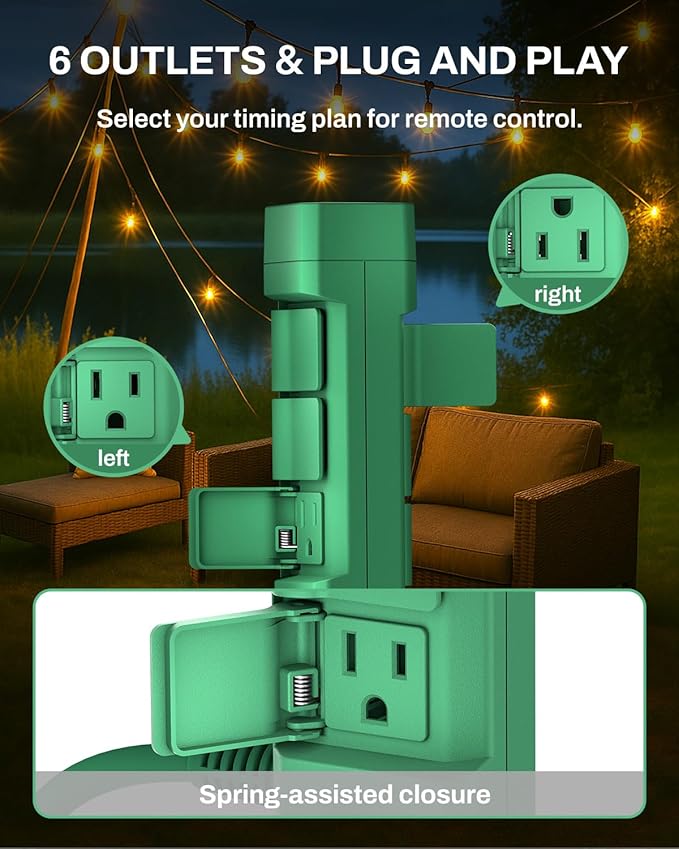 BN-LINK Outdoor Power Stake Timer, 100FT Wireless Remote Control, Dusk to Dawn Sensor for Outdoor Lights, 6 Grounded Outlets, 6ft Extension Cord, 1875W/15A,Christmas Decorations, ETL Listed