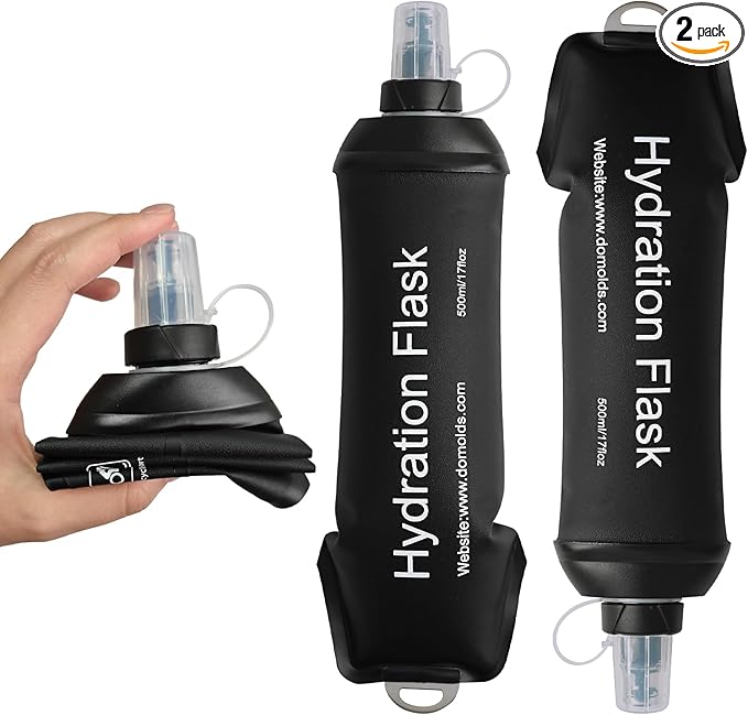 2Pcs 500ml Soft Flask, TPU Collapsible Soft Water Bottle for Hydration Pack, Running Vest, Leak-Proof Folding Water Bottle for Hiking Cycling Climbing Jogging- Black