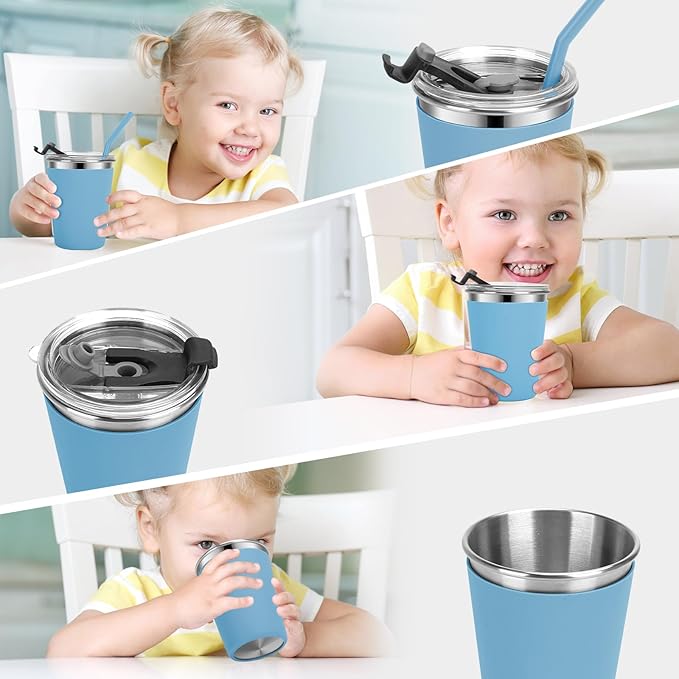 Kids Cups with Straws and Lids Leak Proof, 12oz Sippy Cups for Toddlers 1-3, 2 Pack Spill Proof Cup Stainless Steel Kids Cups with Lids for School, Outdoor (Blue & Yellow)