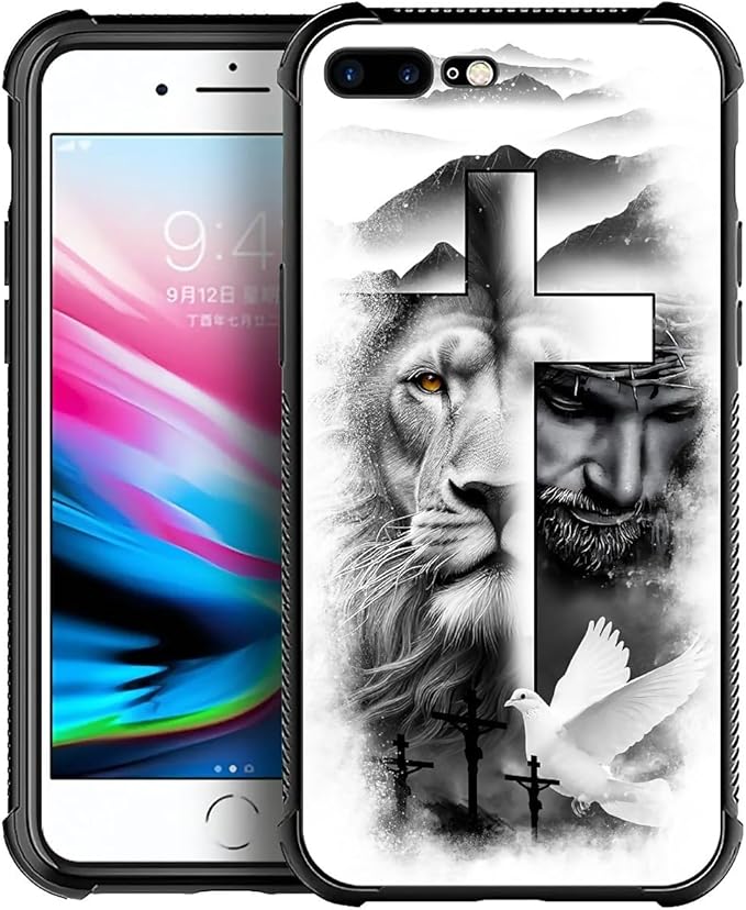 Case for iPhone 7 Plus/8 Plus, Lion Cross Jesus Christ Dove Pattern, Soft Silicone Hard Acrylic for Shock Protection
