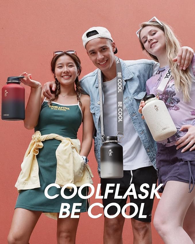 Coolflask Half Gallon Water Bottle with Strap, 64oz Insulated Water Jug Stainless Steel with Straw & Spout Lids, Metal Large Water Flask, Keep Cold 48h Hot 24h, Leak Proof, Non-BPA, Arctic White