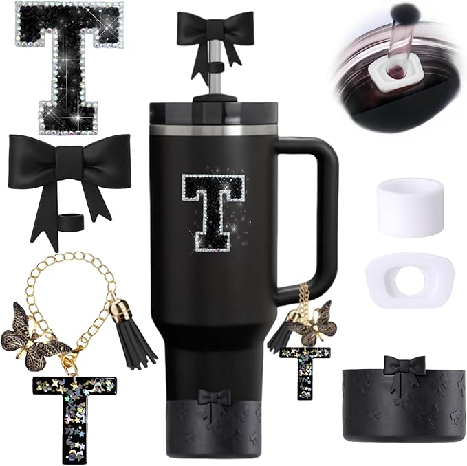 6pcs Black Stanley Cup Accessories Set, Bow Straw Topper for Stanley Cup 30oz 40oz, Including Straw Topper and Bow Silicone Boot, Stoppers Spill Proof, Handle Charm, Initials Sticker