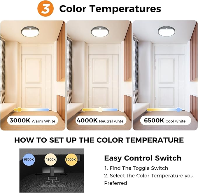 slochi Motion Sensor Light Indoor Hardwired PIR, 3000K/4000K/6500K LED Closet Lights Motion Sensored, 15W 1500LM 7 in, Timer, Motion Activated Flush Mount Ceiling Light for Hallway Wall Pantry, Black