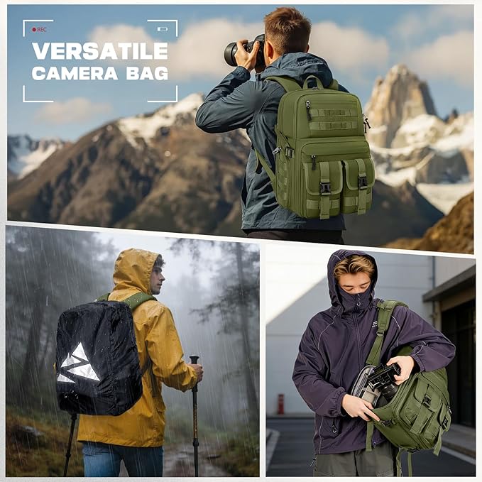 RAINSMORE Camera Bag Backpack for DSLR/SLR/Mirrorless Camera Bags for Photographers 15.6 Inch Waterproof Tactical Photography Backpack Case with Rain Cover & Tripod Holder, Army green