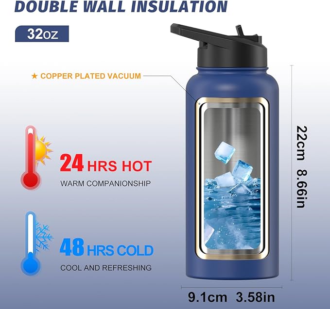 32oz Insulated Water Bottle (Cold for 48 Hrs),BPA Free&Leak Proof,Stainless Steel Water Flask,Water Jug with Straw Spout Lids for Gym,Hiking,Travel,Deep Blue