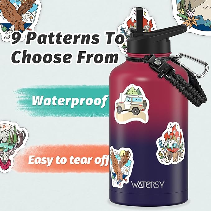 64oz Insulated Water Bottle (Cold for 48 Hrs),BPA Free&Leak Proof,Half Gallon Stainless Steel Water Flask,Water Jug with Straw Spout Lids for Gym,Hiking,Camping,Red Purple