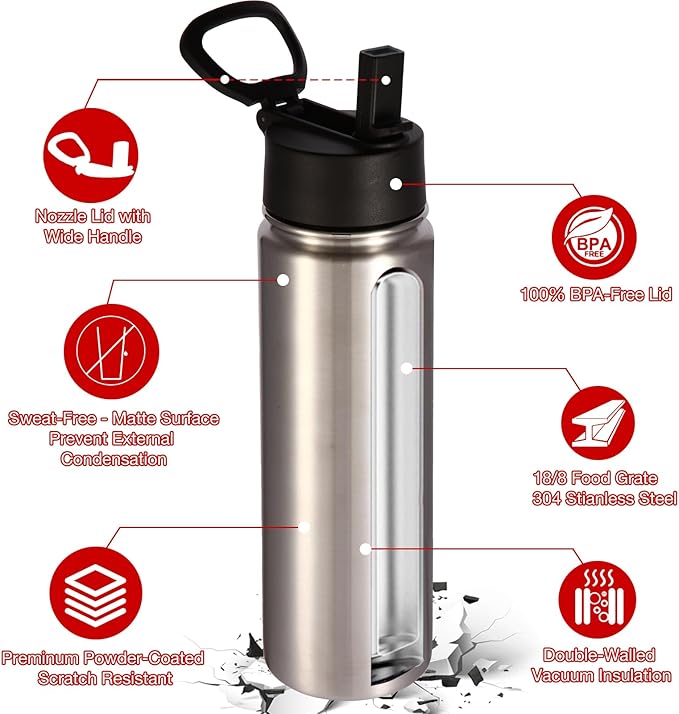 Volhoply 24oz Insulated Water Bottle With Straw Bulk 6 Pack,Metal Wide Mouth Water Bottles With Handle Lid Keep Cold,Reusable Double Wall Cups,Powder Coated Sport Bottle For Holder(Sliver,6 Count)