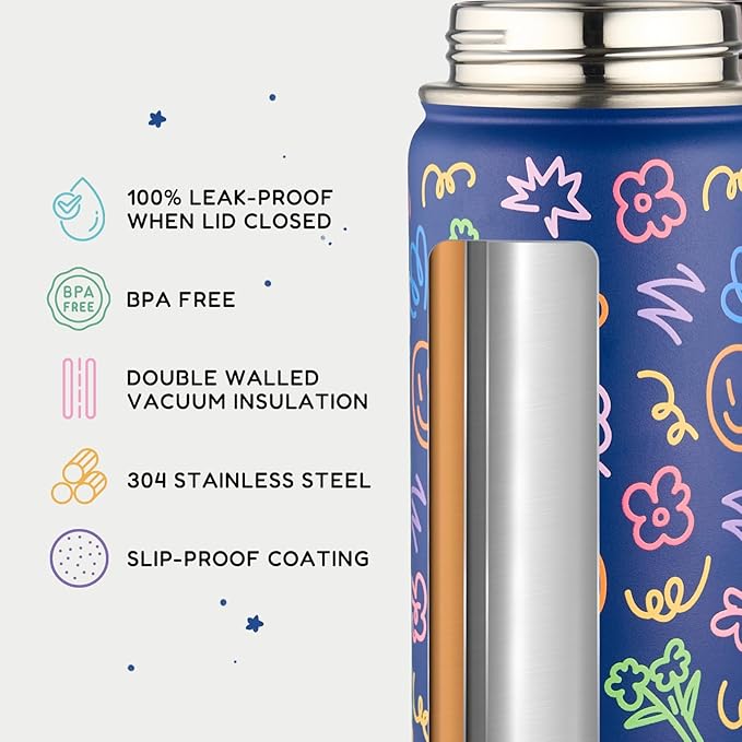 Fijinhom 12oz Water Bottle for School, Bottles with Straws, Stainless Steel Vacuum Insulated Water Bottle, Leak-Proof, BPA-Free, Graffiti