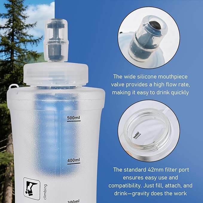 500ML Collapsible Water Bottle with Filter for Hiking, Camping & Travel - TPU Soft Flask, 0.1 Micrometer Hollow Fiber Membrane for Clearer, Better Tasting Outdoor Water(White)