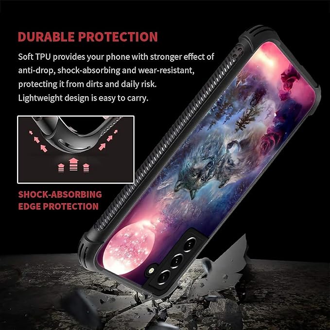 for Samsung Galaxy S21 Case, Star Two Wolfs Howling Pattern Graphic Design Girl Boy Soft Silicone Hard Acrylic Shock Protection for Samsung Galaxy S21
