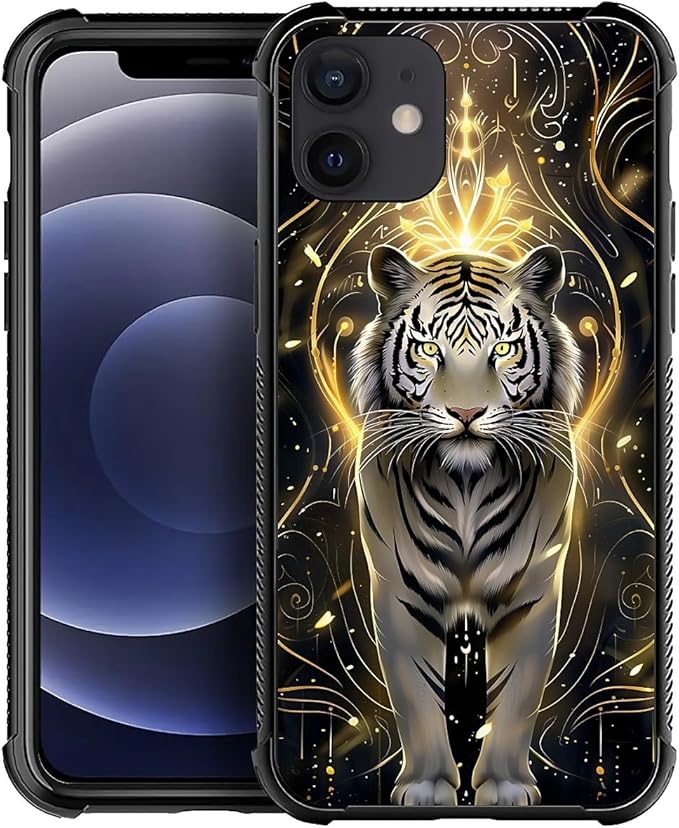 for iPhone 11 Case, White Tiger Golden Mystery Pattern Graphic Design Girl Boy Soft Silicone Hard Acrylic Shock Protection for iPhone 11