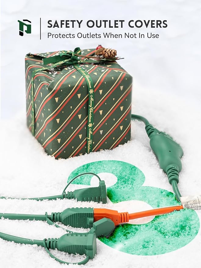 PLUGTUL 12FT Outdoor Extension Cord with Multiple Outlets, 1 to 3 Splitter Max 6FT End to Male Plug (Total 12FT) 16/3 SJTW Waterproof Power Cord for Halloween Christmas, ETL Listed, Green