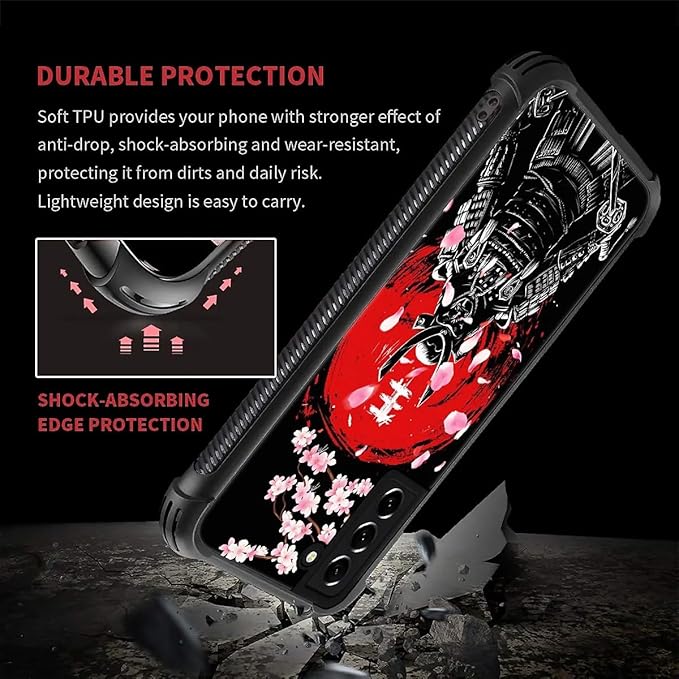 for Samsung Galaxy S21 Case, Sakura Japanese Samurai Pattern Graphic Design Girl Boy Soft Silicone Hard Acrylic Shock Protection for Samsung Galaxy S21