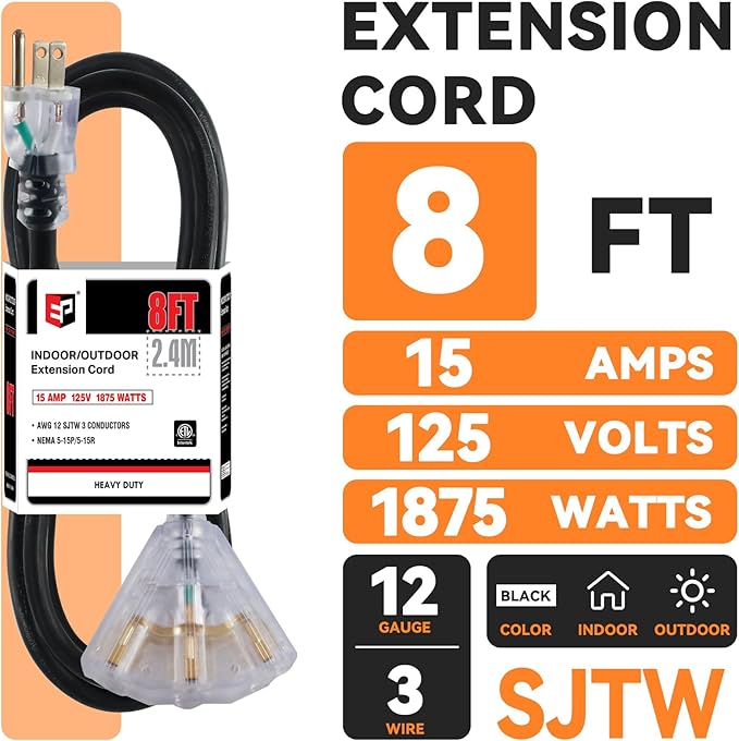 EP 8 Ft 12 Gauge Heavy Duty Extension Cord, 15A 125V 1875W, 3 Outlet Indoor/Outdoor Power Cord with Lighted End, 12/3 SJTW Weatherproof Black