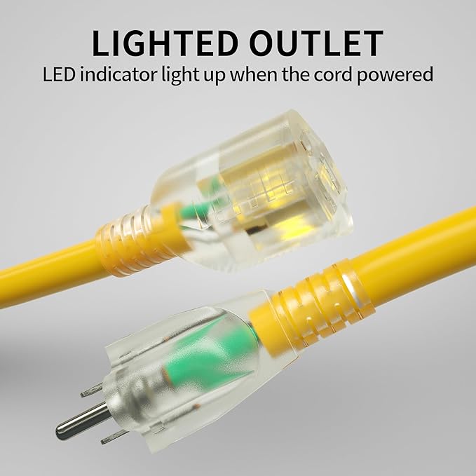 POWGRN 200 Ft 10AWG Outdoor Extension Cord Waterproof Heavy Duty 10 Gauge 3 Prong, Flexible Cold-Resistant Long Power Cord Outside with Lighted Indicator End, 15Amp 1875W SJTW Yellow ETL Listed