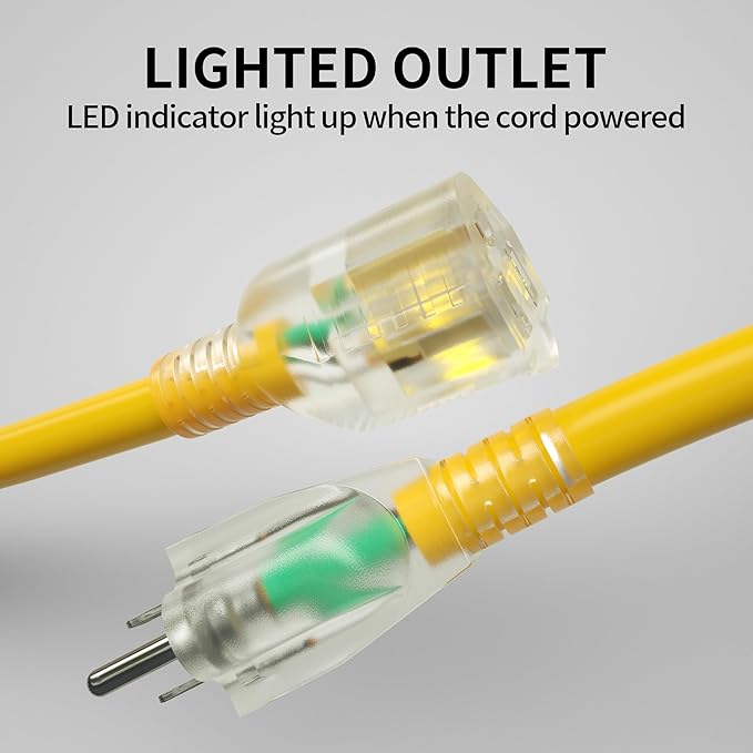 POWGRN 50 Ft 10AWG Outdoor Extension Cord Waterproof Heavy Duty 10 Gauge 3 Prong, Flexible Cold-Resistant Long Power Cord Outside with Lighted Indicator End, 15Amp 1875W SJTW Yellow ETL Listed