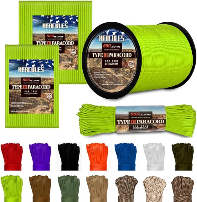 HERCULES Type III Paracord 550 Paracord Rope Parachute Cord, 50' Neon Green for Camping Cord, Survival Rope