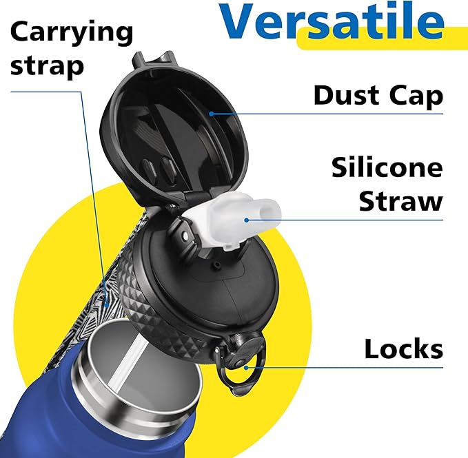 Han's Bottle Kids Water Bottle with Straw Lid - Insulated Stainless Steel Reusable Tumbler for Girls,Boys,Thermo Mug,12oz,Navy Blue