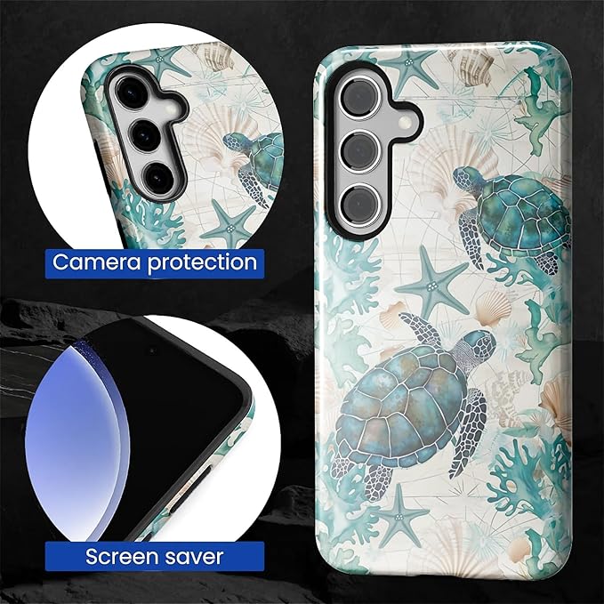 for Samsung Galaxy S25 Case,HL2 Ocean Sea Turtle Nautical Map Hybrid 2 Layer Hard Shell Silicone Protective Pattern Design Case