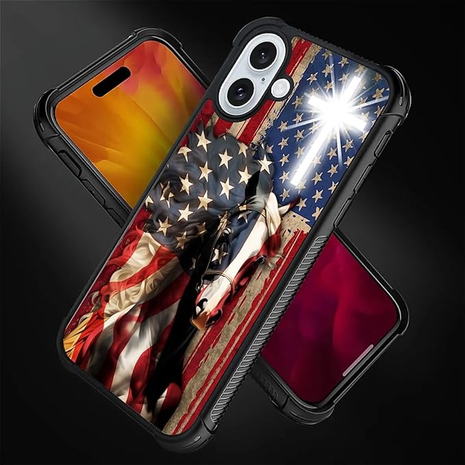 for iPhone 16 Plus Case, Red American Flag Horse Cross Pattern Graphic Design Girl Boy Soft Silicone Hard Acrylic Shock Protection for iPhone 16 Plus