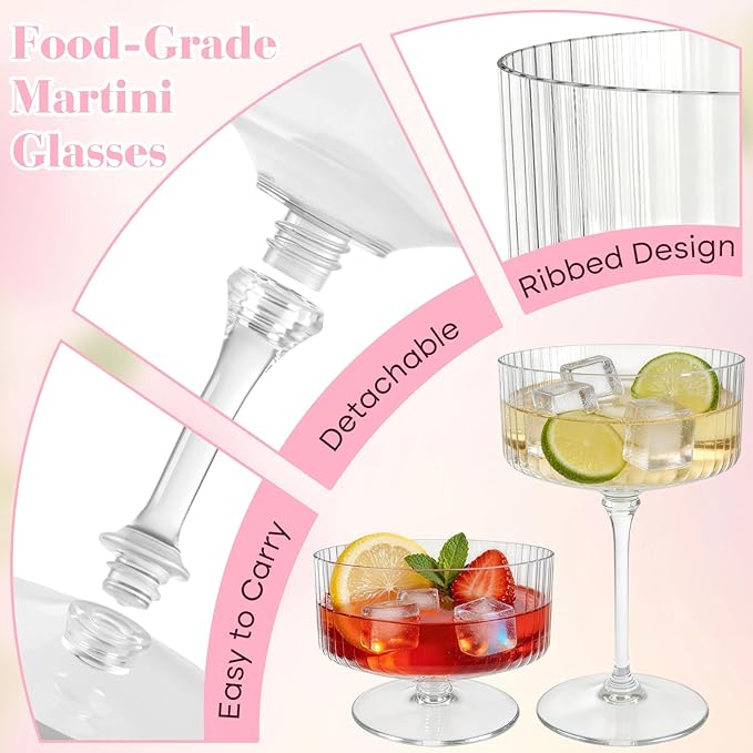PLULON 6 Pcs Clear Martini Glasses Set 10 Oz Plastic Ribbed Coupe Glass, Cocktail Glasses Champagne Cup Tower Vintage Margarita Glassware for Cocktail Wine Bar Drinking Wedding Party Outdoor Events