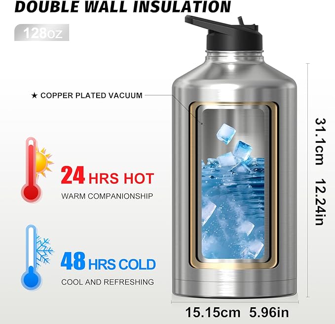 1 Gallon Water Bottle Insulated(Cold for 48 Hrs),BPA Free&Leak Proof,128oz Stainless Steel Water Jug,Large Water Bottle with Straw Spout Lids for Gym,Hiking,Camping&Travel,Stainless