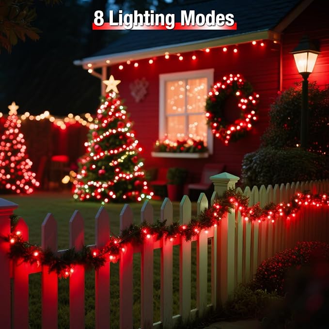 btfarm 4 Pack Solar String Lights Outdoor - 320LED 132FT Solar Fairy Lights Outside Waterproof 8 Modes, Copper Wire Solar Powered Twinkling Lights for Tree Garden Christmas Wedding Party Decor, Red