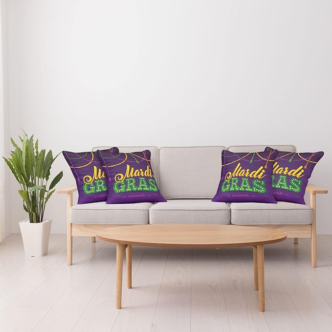 Ambesonne Mardi Gras Throw Pillow Cushion Case Pack of 4, Beads and Tassels Masquerade Theme Calligraphy Design Fun Print, Modern Accent Double-Sided Digital Printing, 16", Purple Marigold