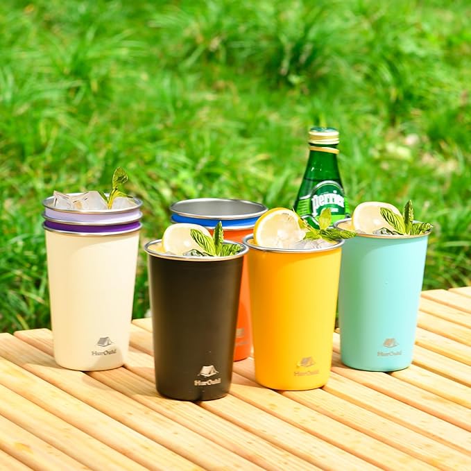 8 Pack Stainless Steel Cups 16oz - Colorful Stackable Metal Drinking Glasses for Camping, Travel, Shatterproof Tumblers