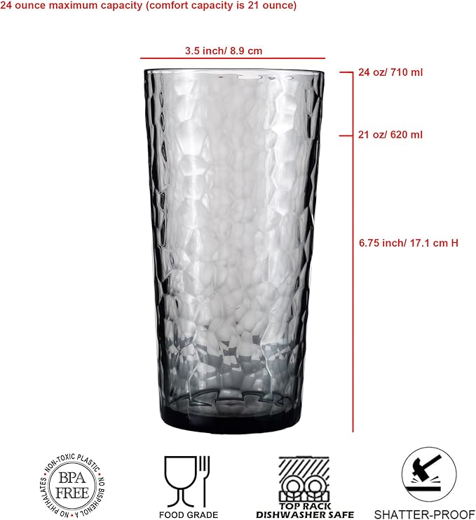 24-ounce Plastic Tumblers, Acrylic Drinking Glasses High-Balls, set of 8 Grey, Reusable Plastic Cups, Hammered Style Stackable, BPA-Free, Shatter-Proof, Dishwasher-Safe