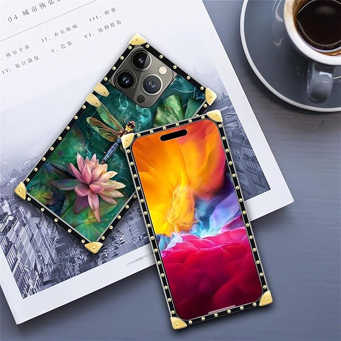 Compatible with iPhone 15 Pro Max Case, Colourful Dragonfly Pink Lily Pads Luxury Golden Decoration for Girl Women Soft TPU Shockproof Protective Hard PC Back for iPhone 15 Pro Max