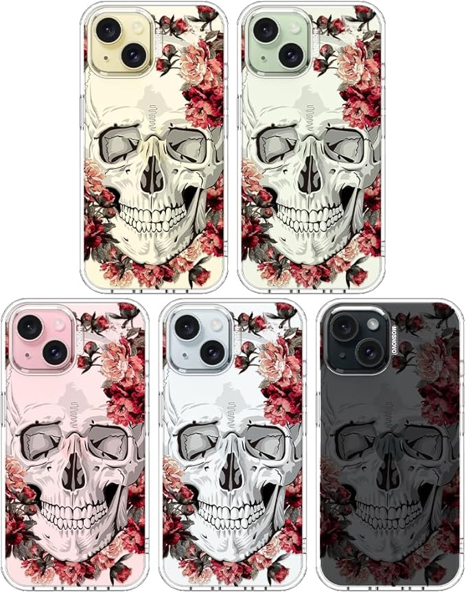 MOSNOVO Case for iPhone 15, [Buffertech 6.6ft Military-Grade Drop Protection] [Anti Peel Off Tech] Clear TPU Bumper Phone Case Cover Design - Red Flower Skull