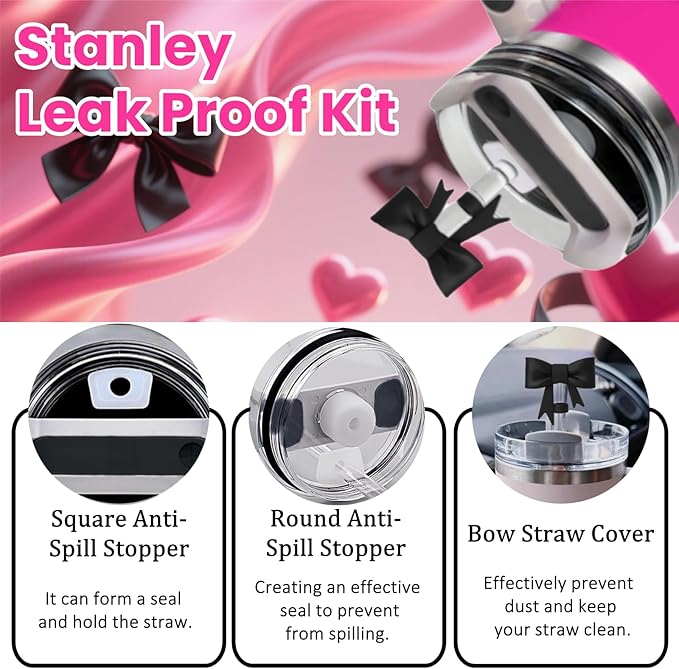 6pcs Black Stanley Cup Accessories Set, Bow Straw Topper for Stanley Cup 30oz 40oz, Including Straw Topper and Bow Silicone Boot, Stoppers Spill Proof, Handle Charm, Initials Sticker