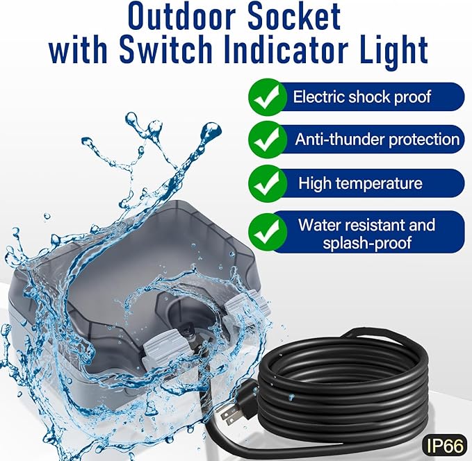 Outdoor Power Outlet Box with 26.3Ft Extension Cord, NEMA 5-15R, STW 14 AWG, Weatherproof Waterproof IP66 Electrical Outlet Extender, Exterior Wall Power Socket w/Cover for Garden
