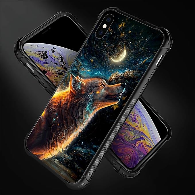 for iPhone X/Xs Case, Star Cave Hungry Wolf Pattern Graphic Design Girl Boy Soft Silicone Hard Acrylic Shock Protection for iPhone X/Xs