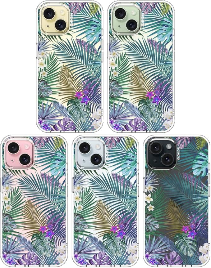 MOSNOVO Case for iPhone 15, [Buffertech 6.6ft Military-Grade Drop Protection] [Anti Peel Off Tech] Clear TPU Bumper Phone Case Cover Design - Tropical Rainforests