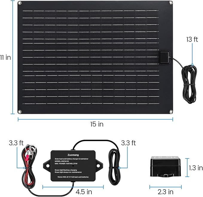 Solar Battery Charger Maintainer, Zuomeng 20W Solar Panel Kit for Dump Trailer Built-in Maintenance Pulse & Intelligent MPPT Charge Controller, Waterproof, Suitable for 12V Lead-Acid Battery