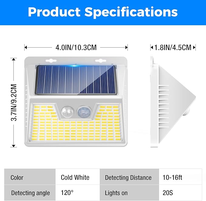 Peasur White Frame Solar Motion Sensor Lights Outdoor, 2 Packs 180LED Warm Solar Wall Lights Waterproof, 3 Modes Fence Security Lighting for Deck Yard Stairs Garden