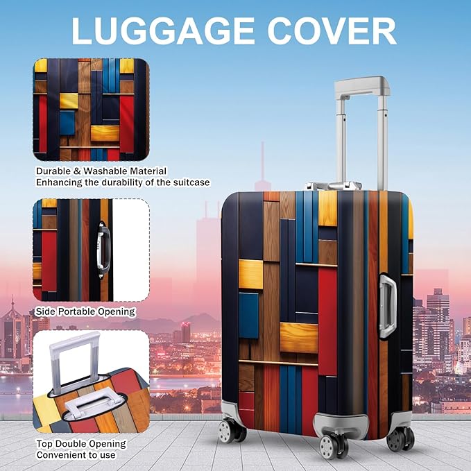 ANNA QUEEN Modern Geometric Wood Luggage Cover, Abstract Panel Suitcase Protector for 28-30 Inch Luggage