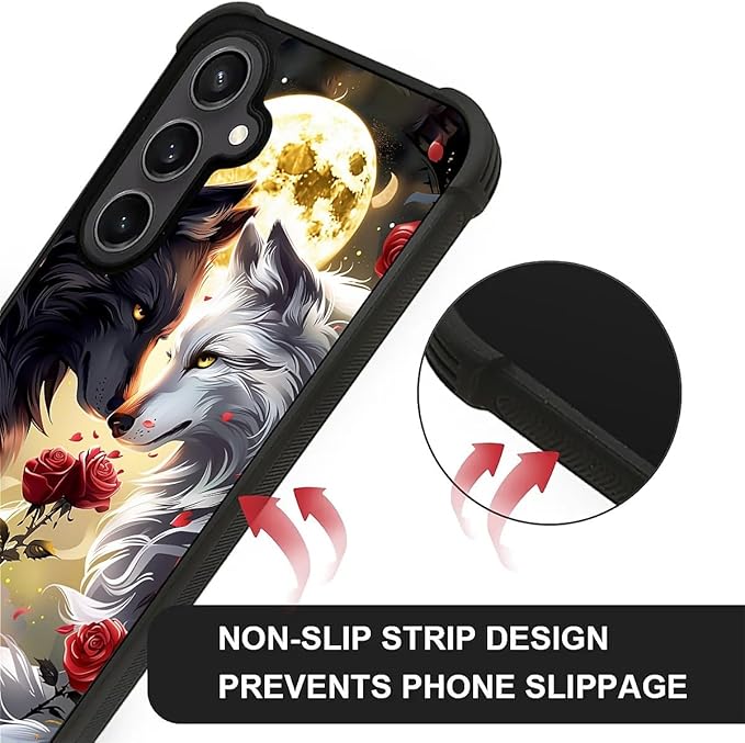 for Samsung Galaxy S23 FE Case, Black White Wolf Moon Flower Rose Pattern Graphic Design Girl Boy Soft Silicone Hard Acrylic Shock Protection for Samsung Galaxy S23 FE