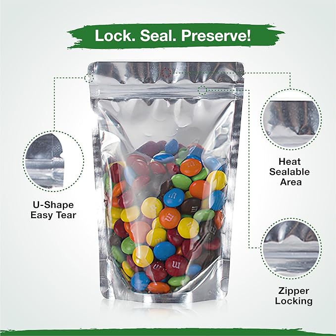 BELLE KR® 4x6 Mylar Bags for Freeze Dried Candy - Pack Of 100-7.5mil Thick - 1/2 Pint Stand Up Small Clear Mylar Bags with See Through Window for Freeze Drying - Labels Included